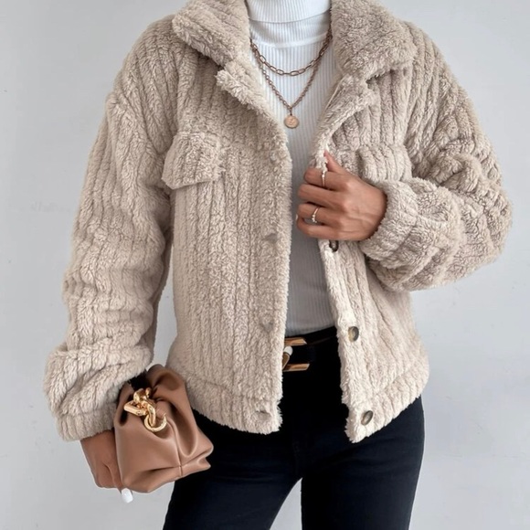 fuzzy beige button down shacket - Picture 3 of 3